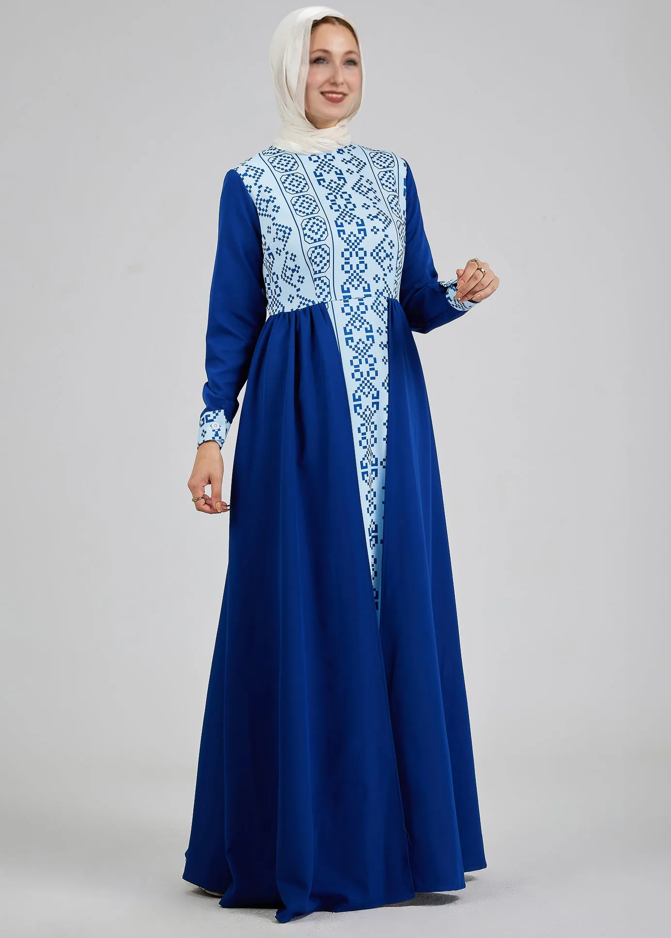 Lina Azure Mosaic Embroidered Crepe Maxi Dress