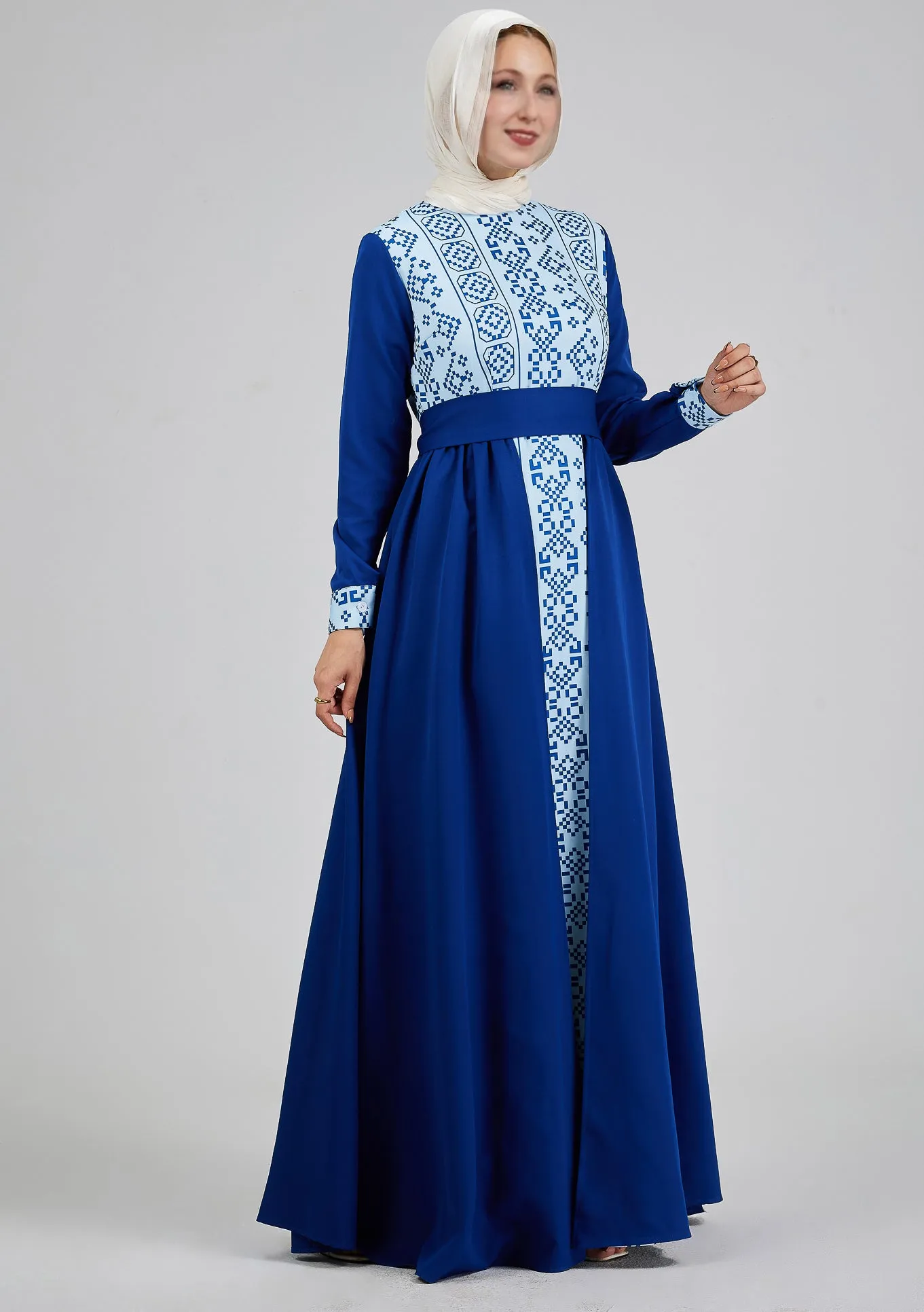 Lina Azure Mosaic Embroidered Crepe Maxi Dress