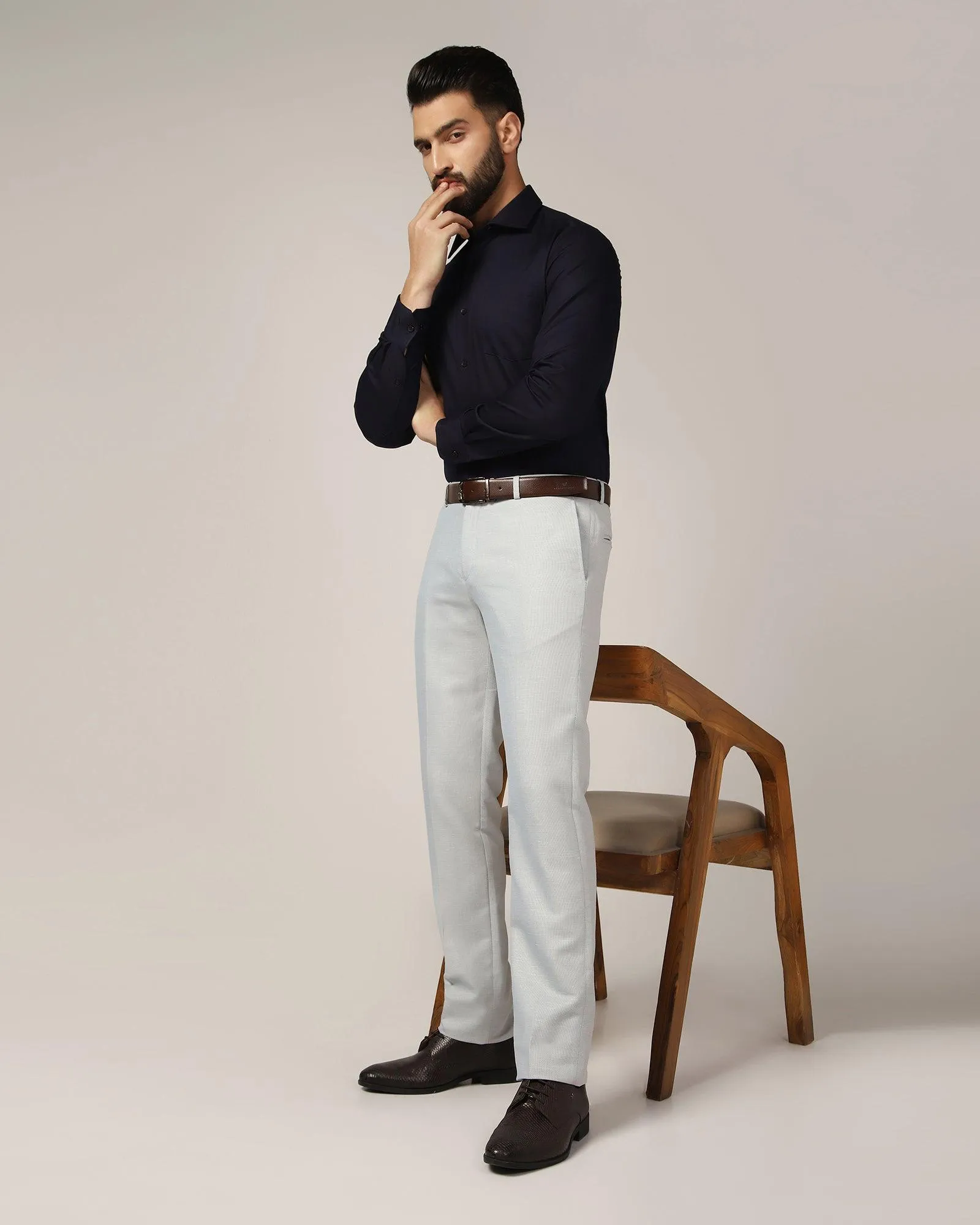 Linen Slim Comfort B-95 Formal Blue Textured Trouser - Commando