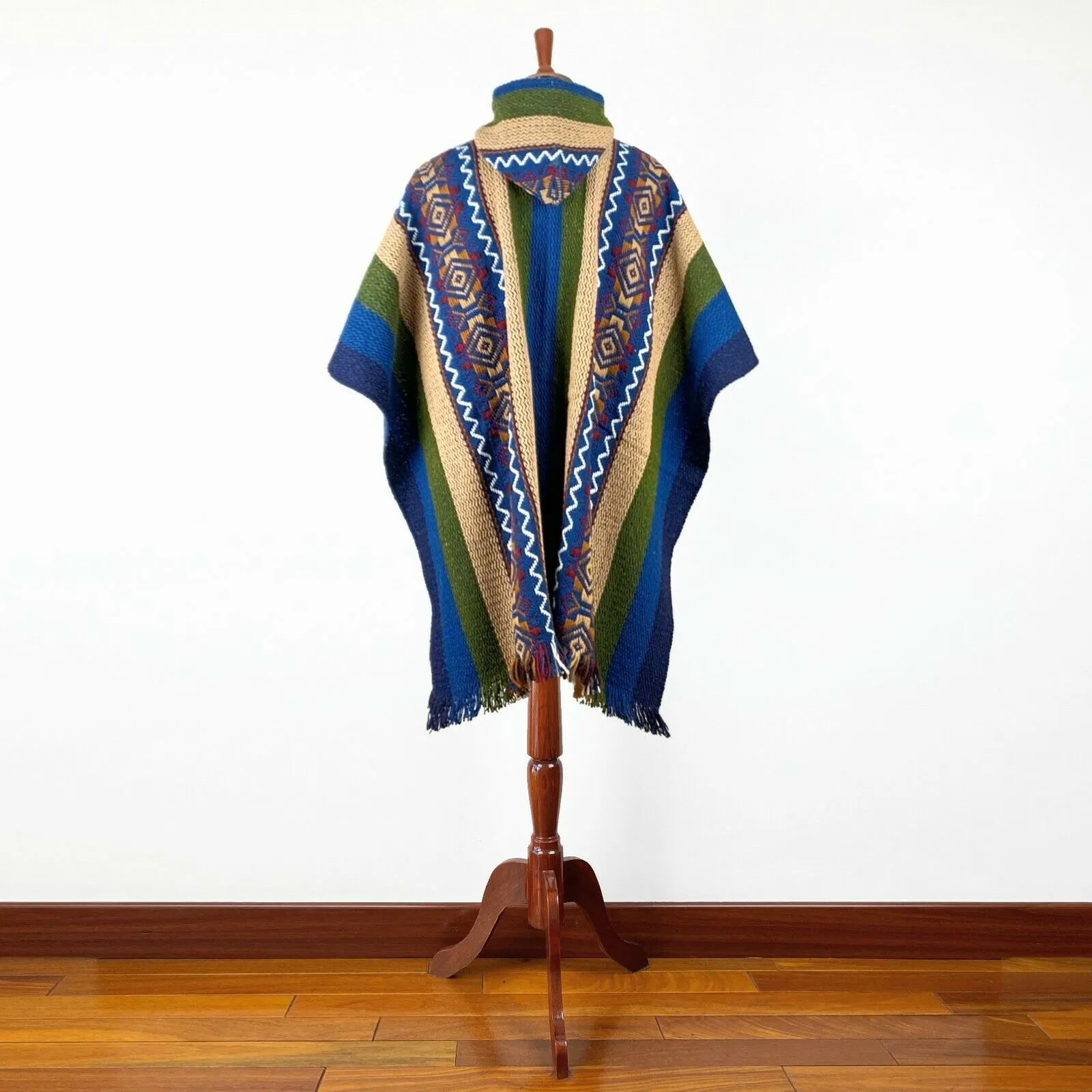 Llama Wool Unisex South American Handwoven Hooded Poncho - green/blue/khaki stripes with diamonds pattern