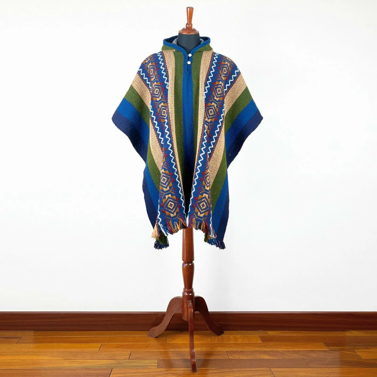 Llama Wool Unisex South American Handwoven Hooded Poncho - green/blue/khaki stripes with diamonds pattern