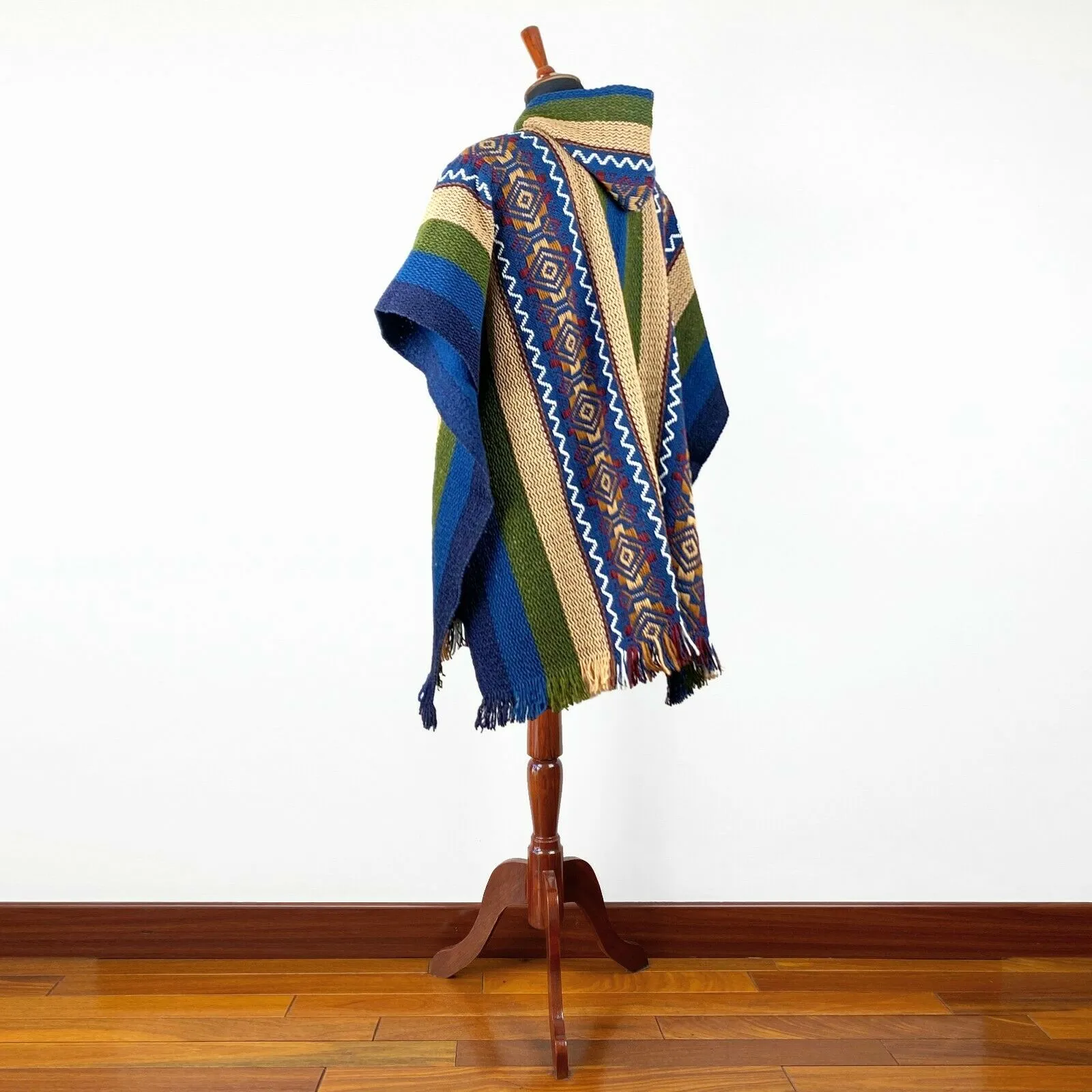 Llama Wool Unisex South American Handwoven Hooded Poncho - green/blue/khaki stripes with diamonds pattern