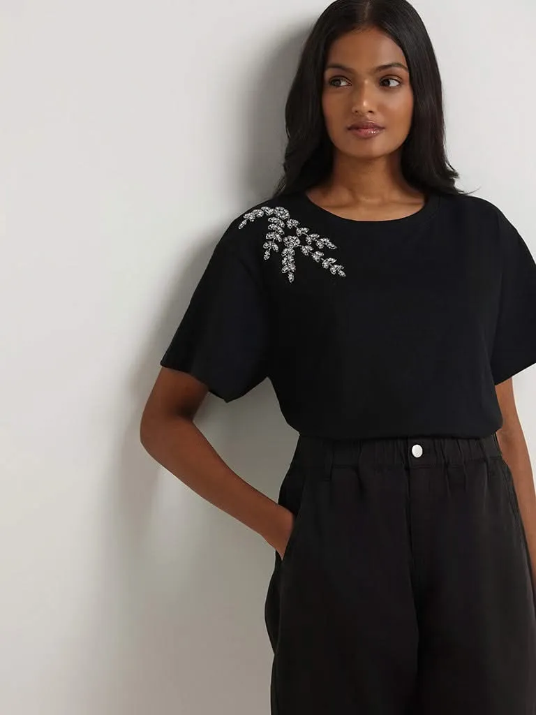 LOV Black Beaded Detailed Cotton T-Shirt