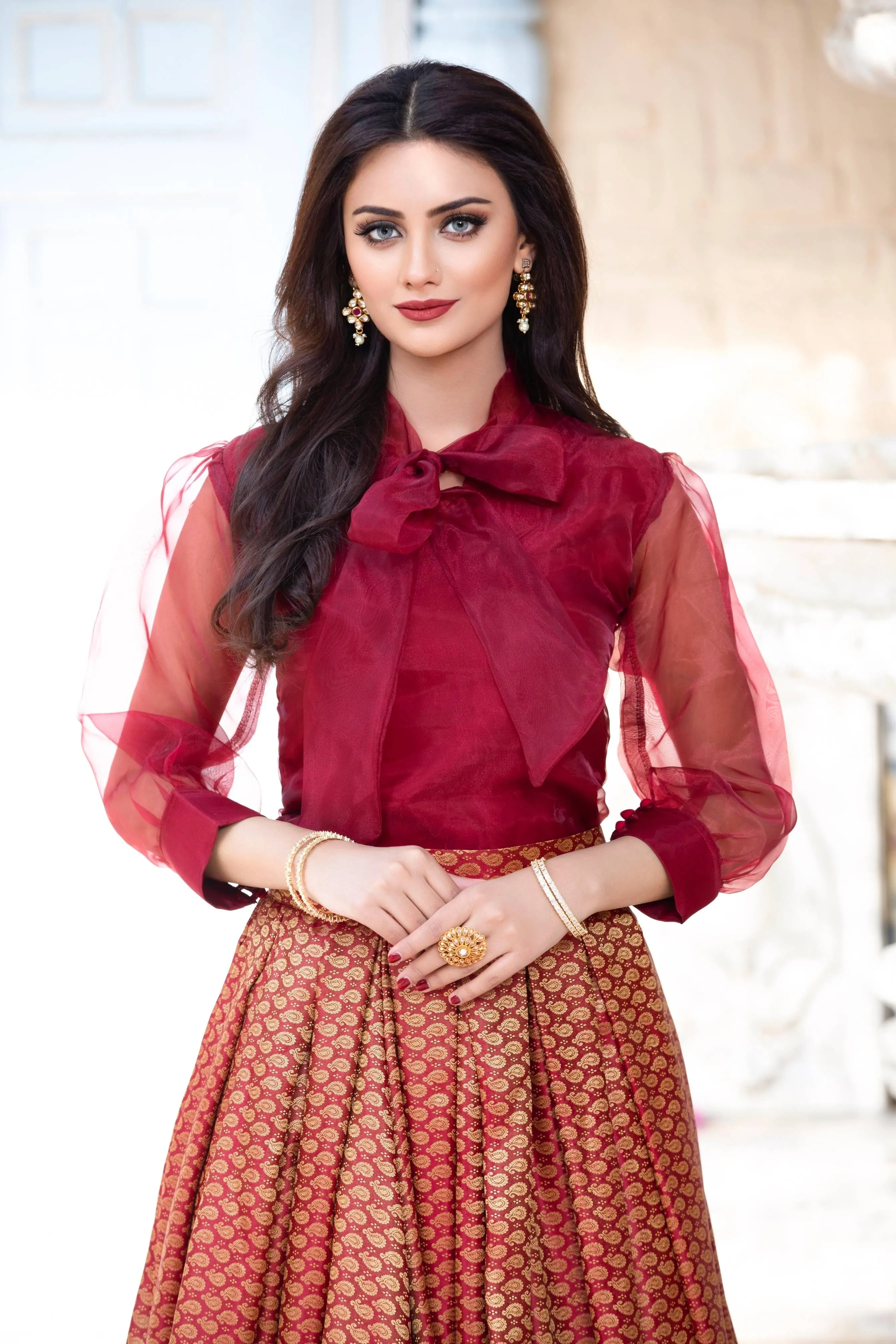 Maroon Banarsi Lehenga with Embellished Organza Shirt (Alexandra)