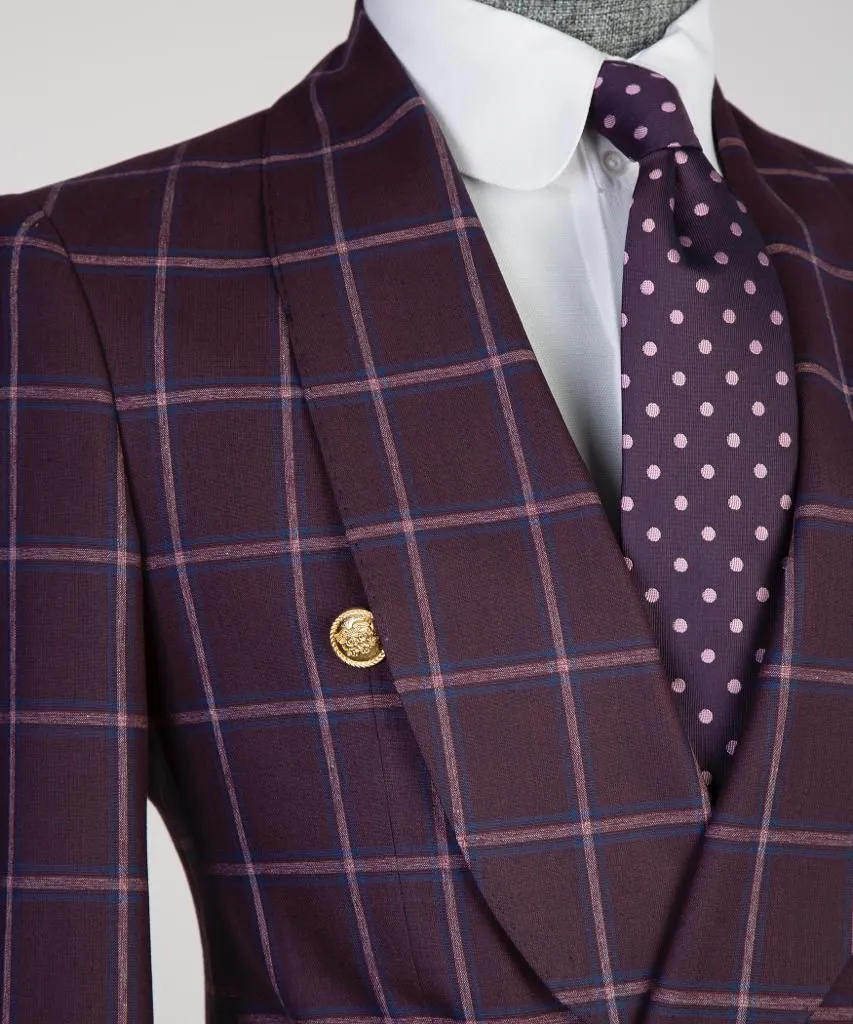 Maroon Double-Breasted Check Suit