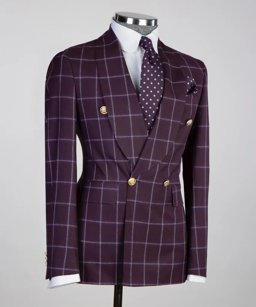 Maroon Double-Breasted Check Suit