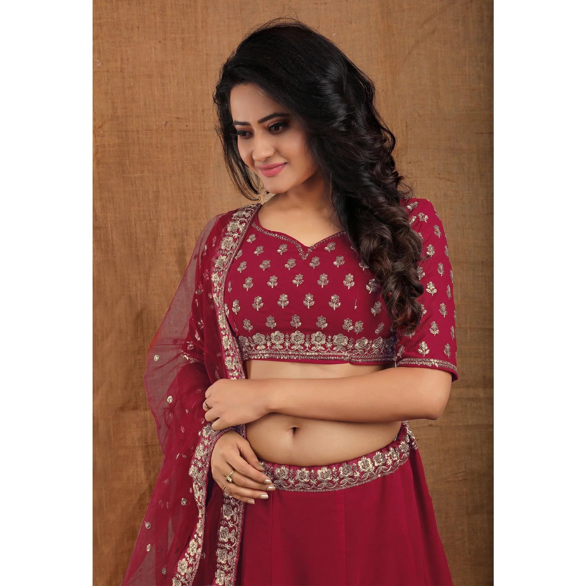 Maroon Party Wear Sequins Embroidered Georgette Lehenga Choli