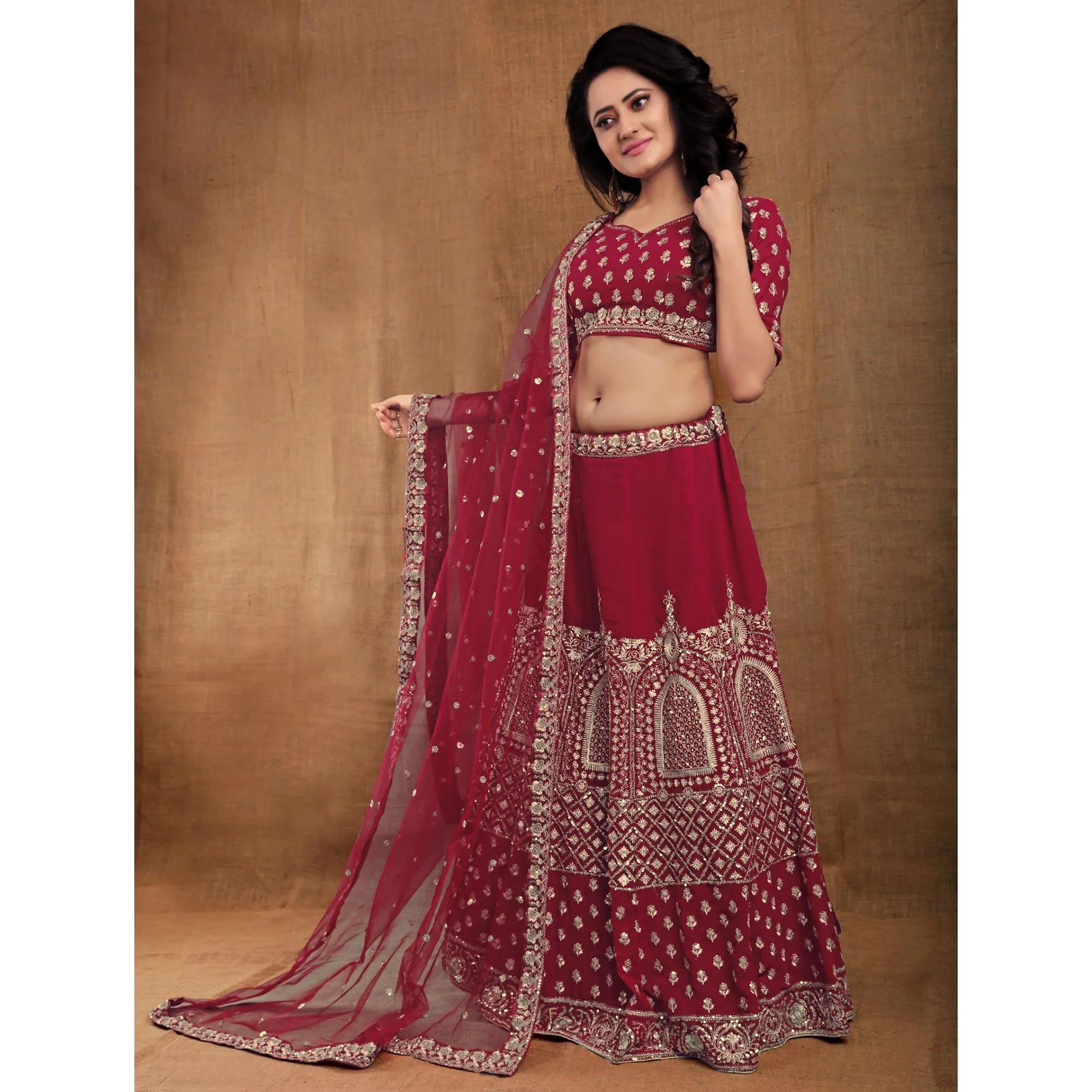 Maroon Party Wear Sequins Embroidered Georgette Lehenga Choli