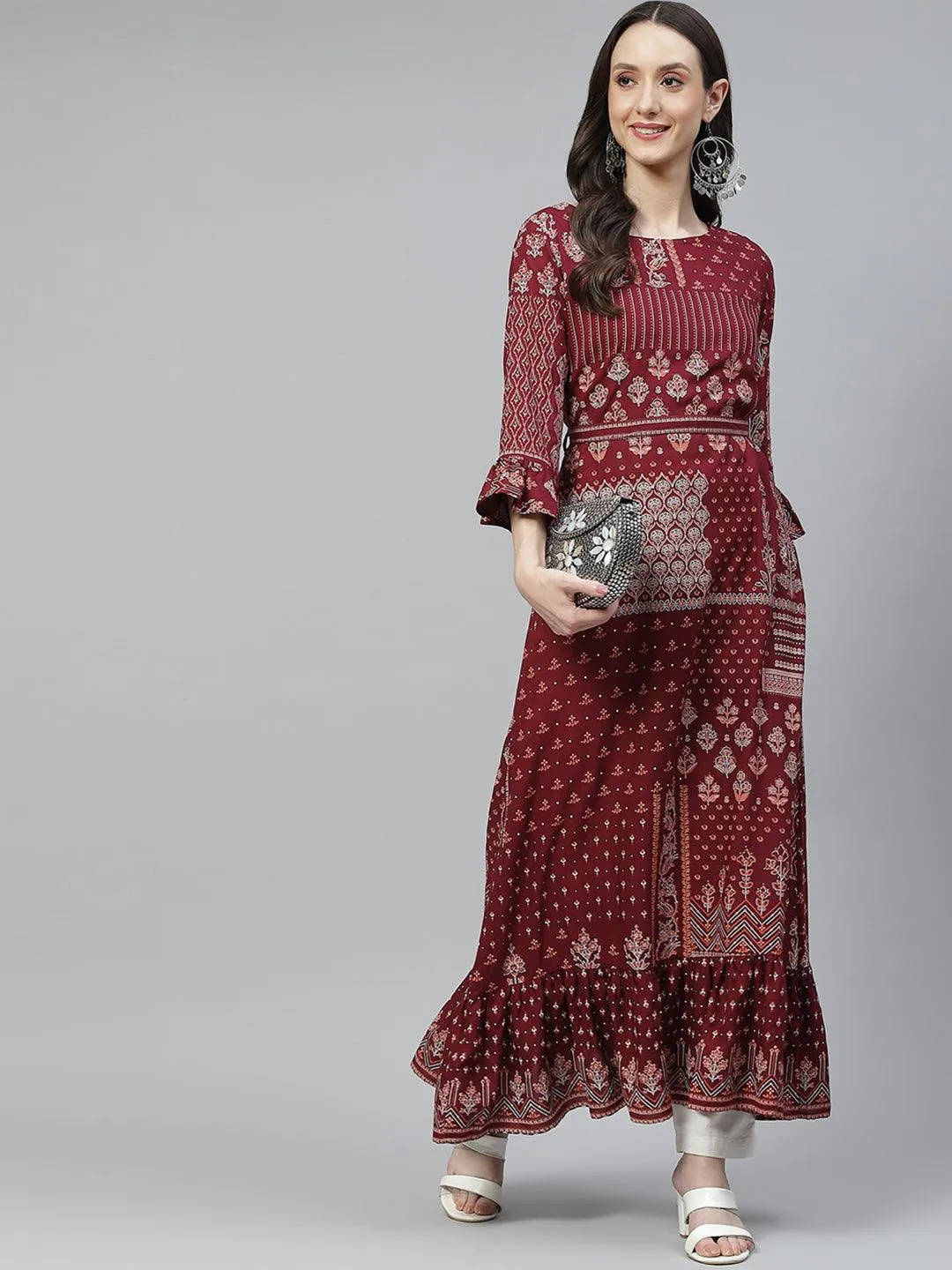 Maroon Rayon A-Line Kurta With Belt