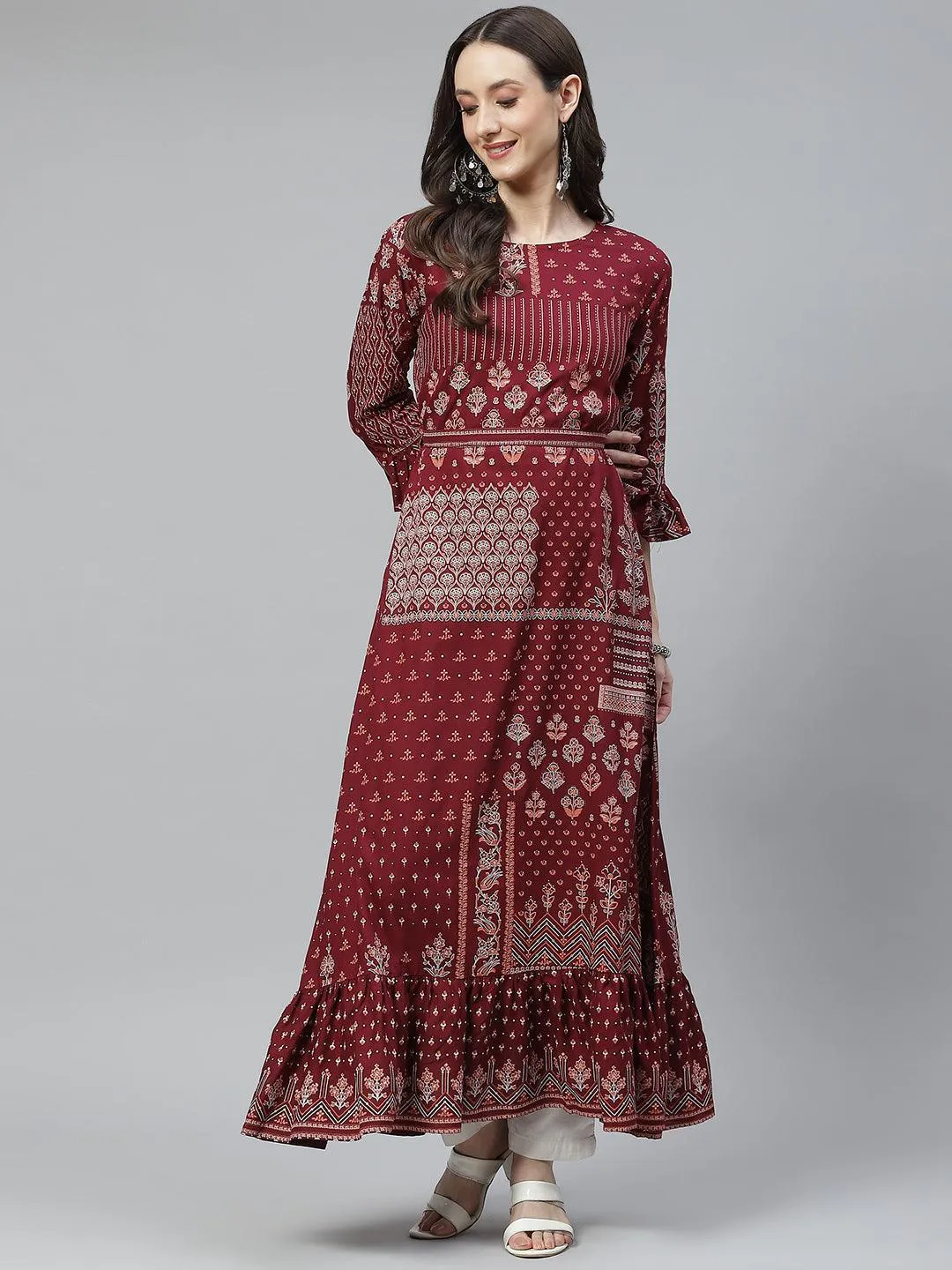 Maroon Rayon A-Line Kurta With Belt