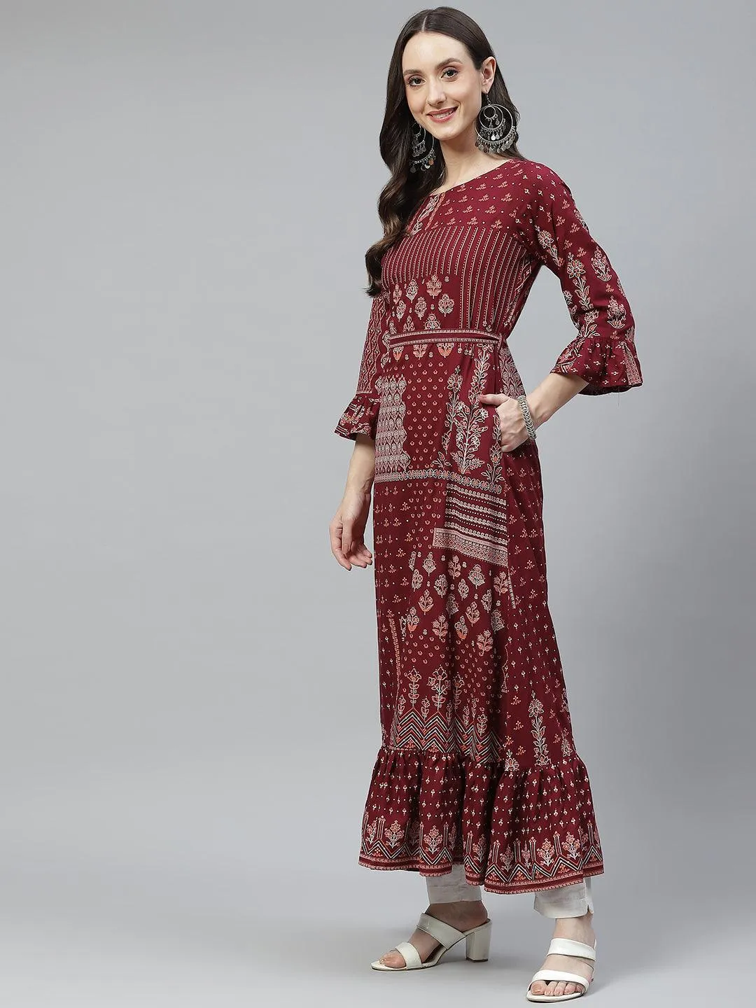 Maroon Rayon A-Line Kurta With Belt