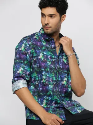 Men Navy Blue Spread Collar Abstract Shirt