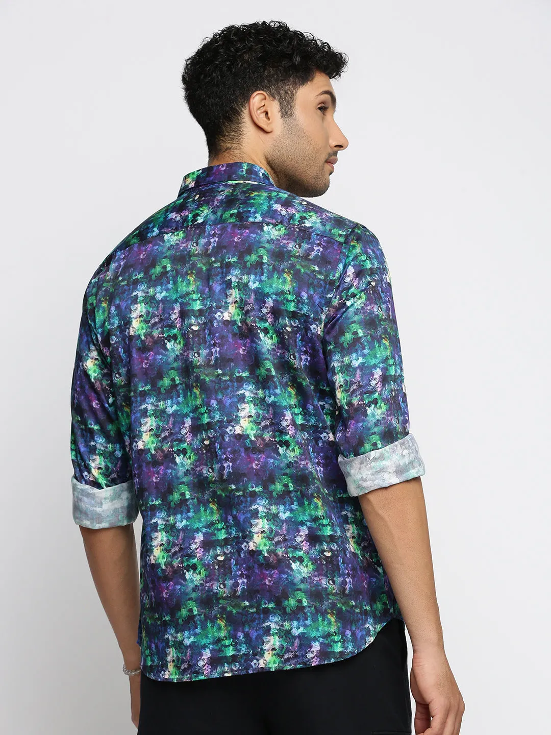 Men Navy Blue Spread Collar Abstract Shirt