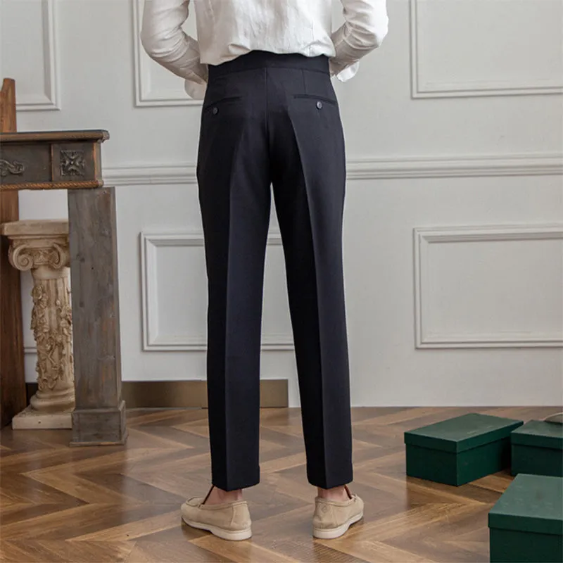 Men's British Casual Dress Pants Slim Fit High Waisted Trousers