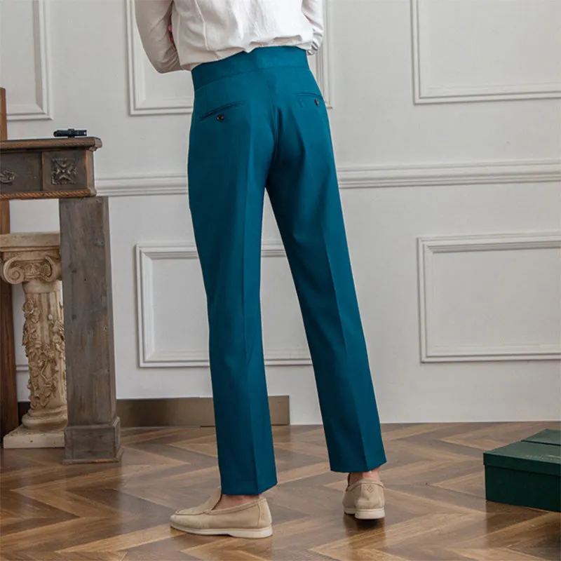 Men's British Casual Dress Pants Slim Fit High Waisted Trousers