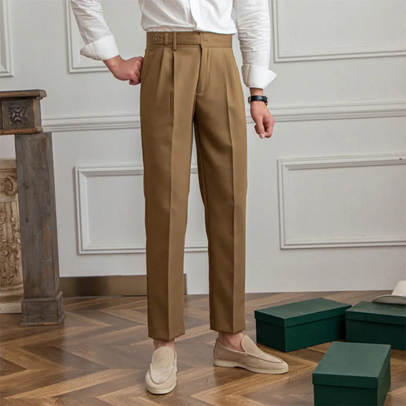 Men's British Casual Dress Pants Slim Fit High Waisted Trousers