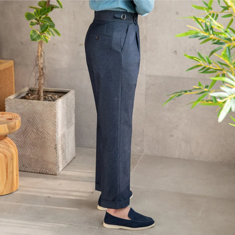 Men's Business Slim Fit Dress Pants Casual Retro High Waisted Adjustable Waist Trousers