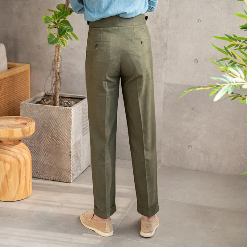 Men's Business Slim Fit Dress Pants Casual Retro High Waisted Adjustable Waist Trousers