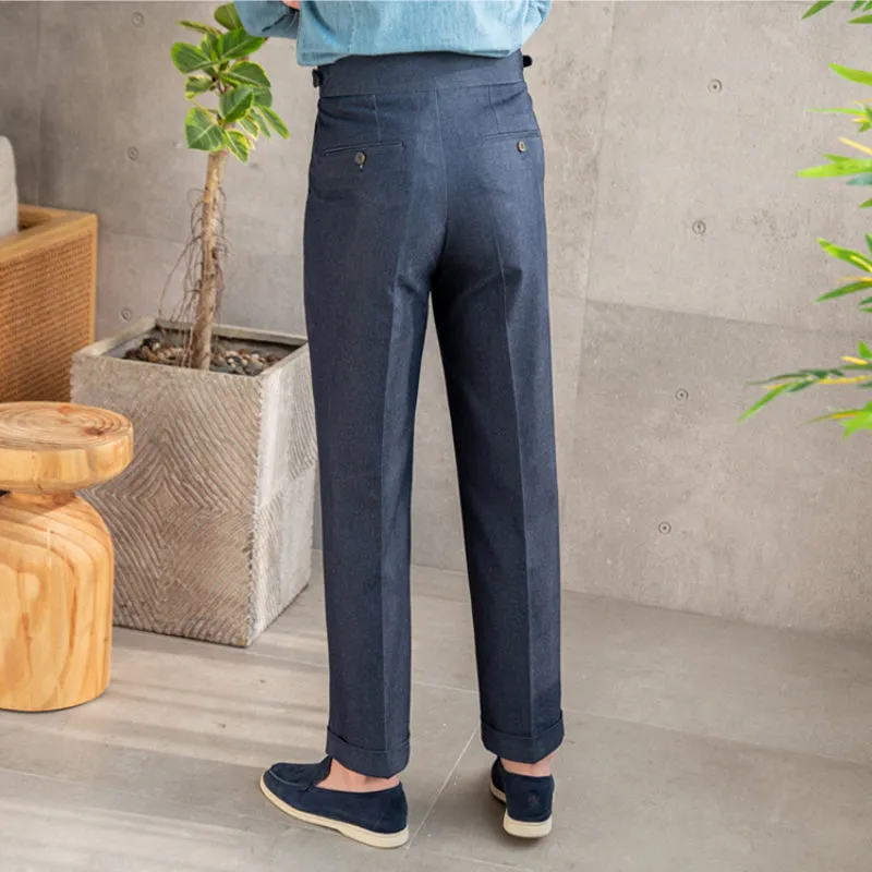 Men's Business Slim Fit Dress Pants Casual Retro High Waisted Adjustable Waist Trousers