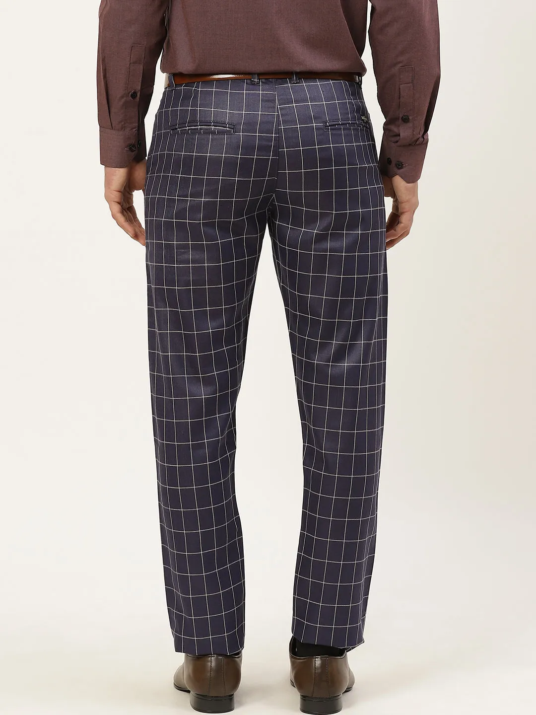 Men's Cotton Blend Navy Blue & Red Checked Formal Trousers - Sojanya