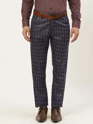 Men's Cotton Blend Navy Blue & Red Checked Formal Trousers - Sojanya