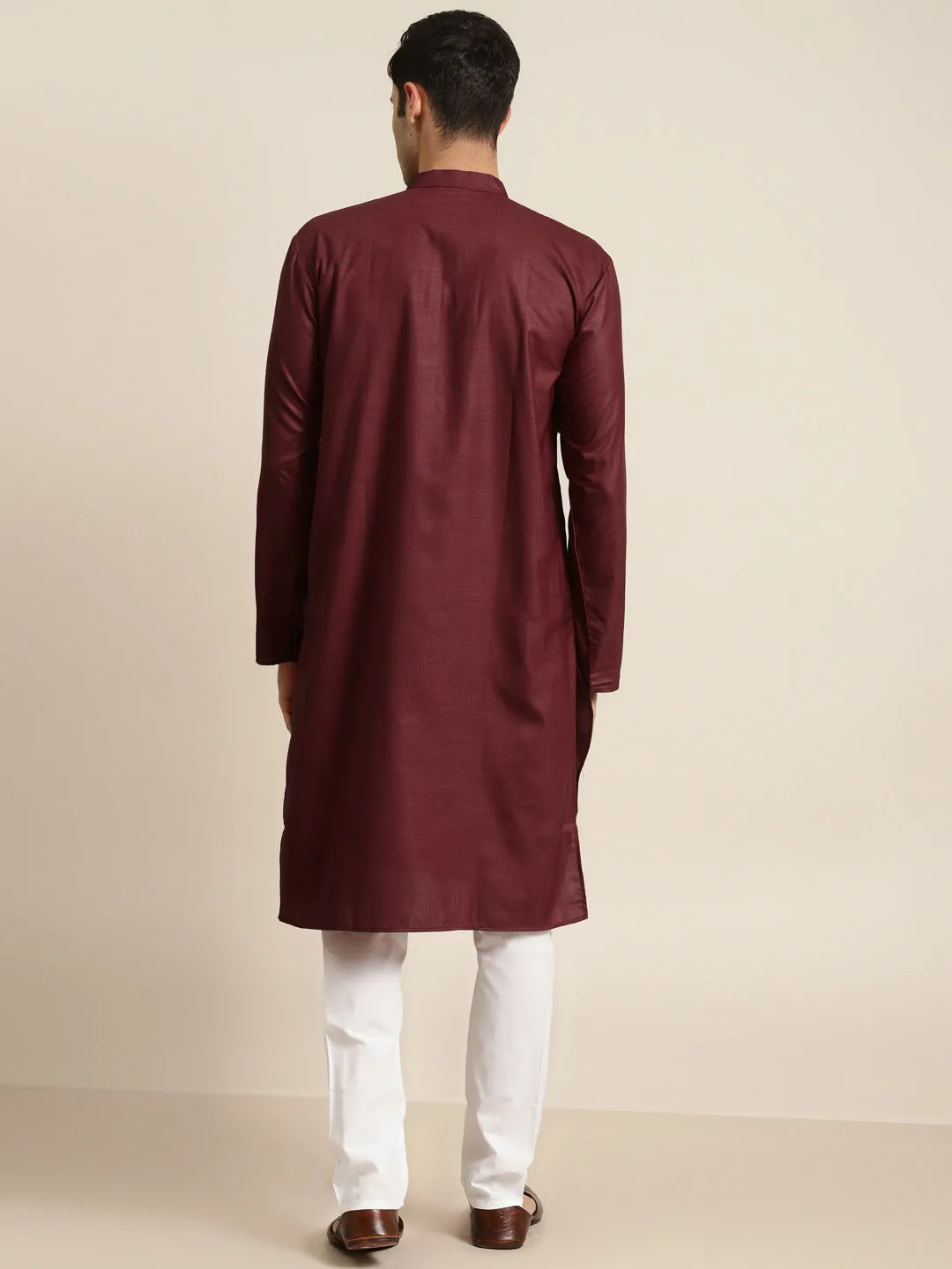 Men's Cotton Maroon Neck Embroidery Kurta & White Churidar Pyjama Set - Sojanya