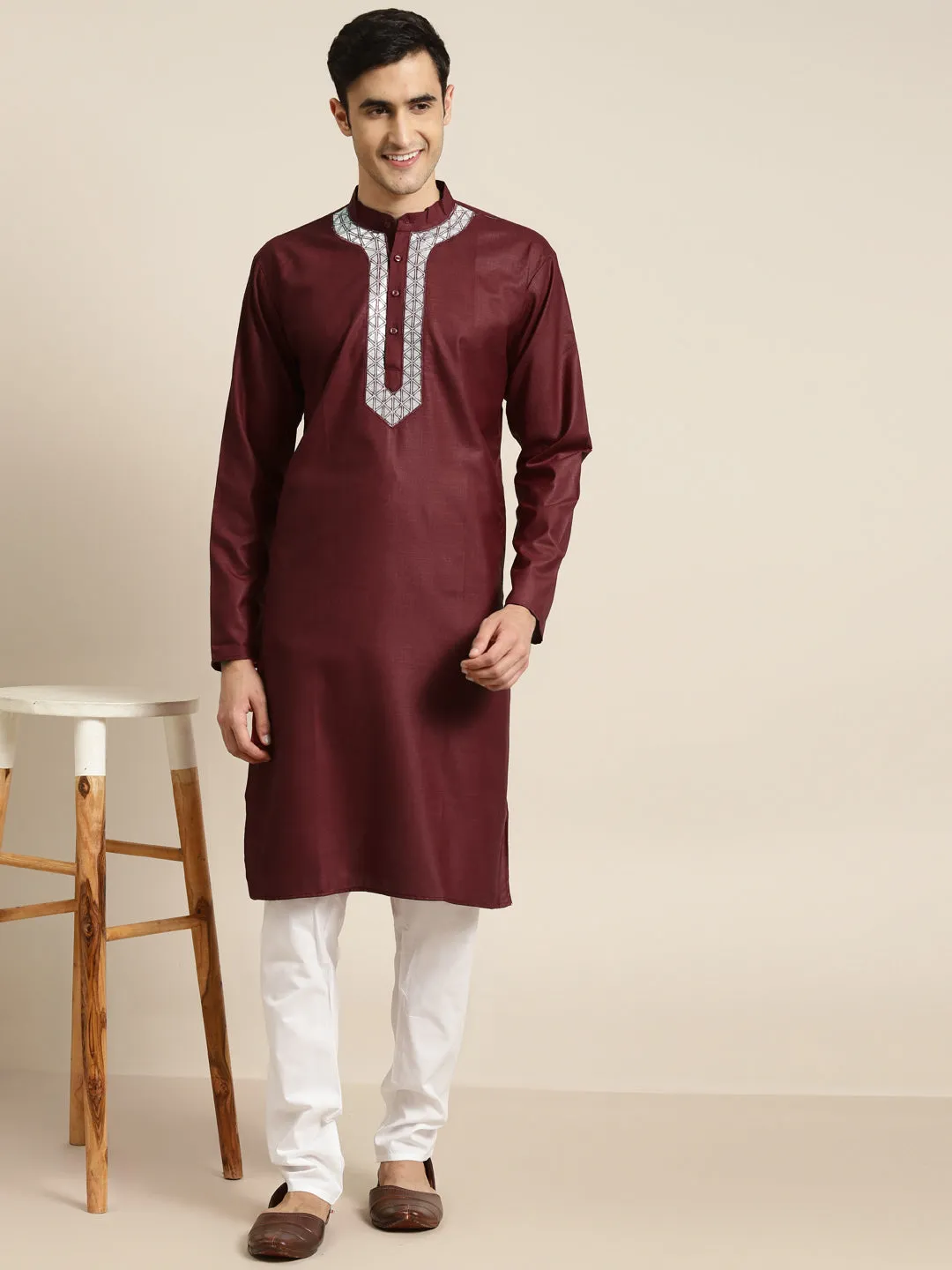 Men's Cotton Maroon Neck Embroidery Kurta & White Churidar Pyjama Set - Sojanya