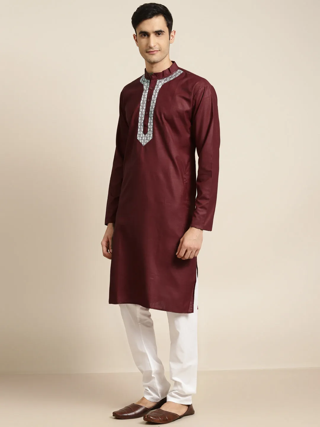 Men's Cotton Maroon Neck Embroidery Kurta & White Churidar Pyjama Set - Sojanya