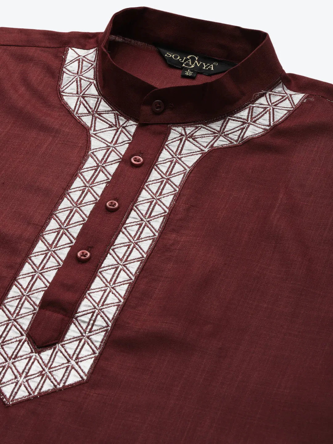 Men's Cotton Maroon Neck Embroidery Kurta & White Churidar Pyjama Set - Sojanya