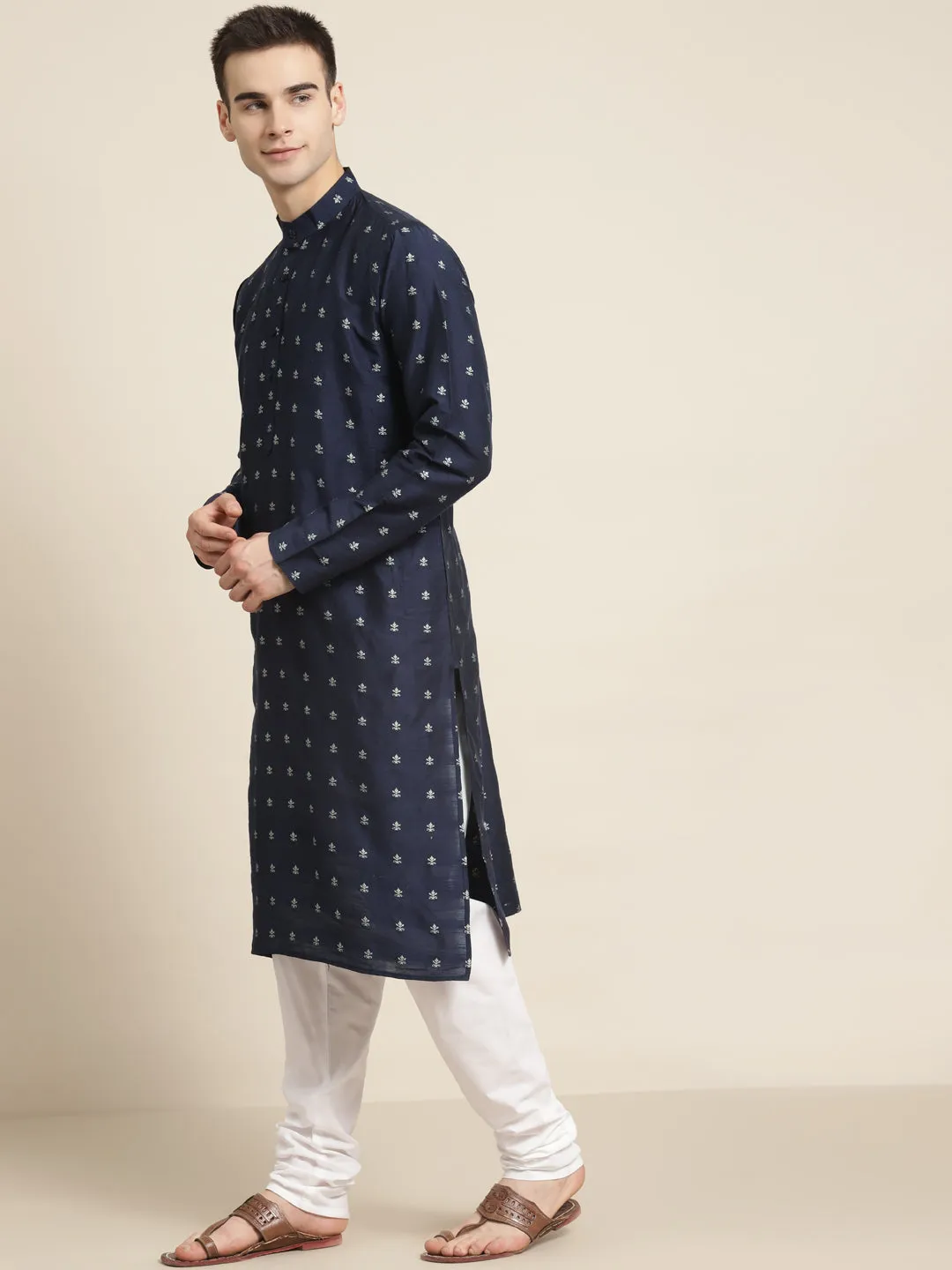 Men's Cotton Navy Blue Self design Kurta & White Churidar Pyjama Set - Sojanya