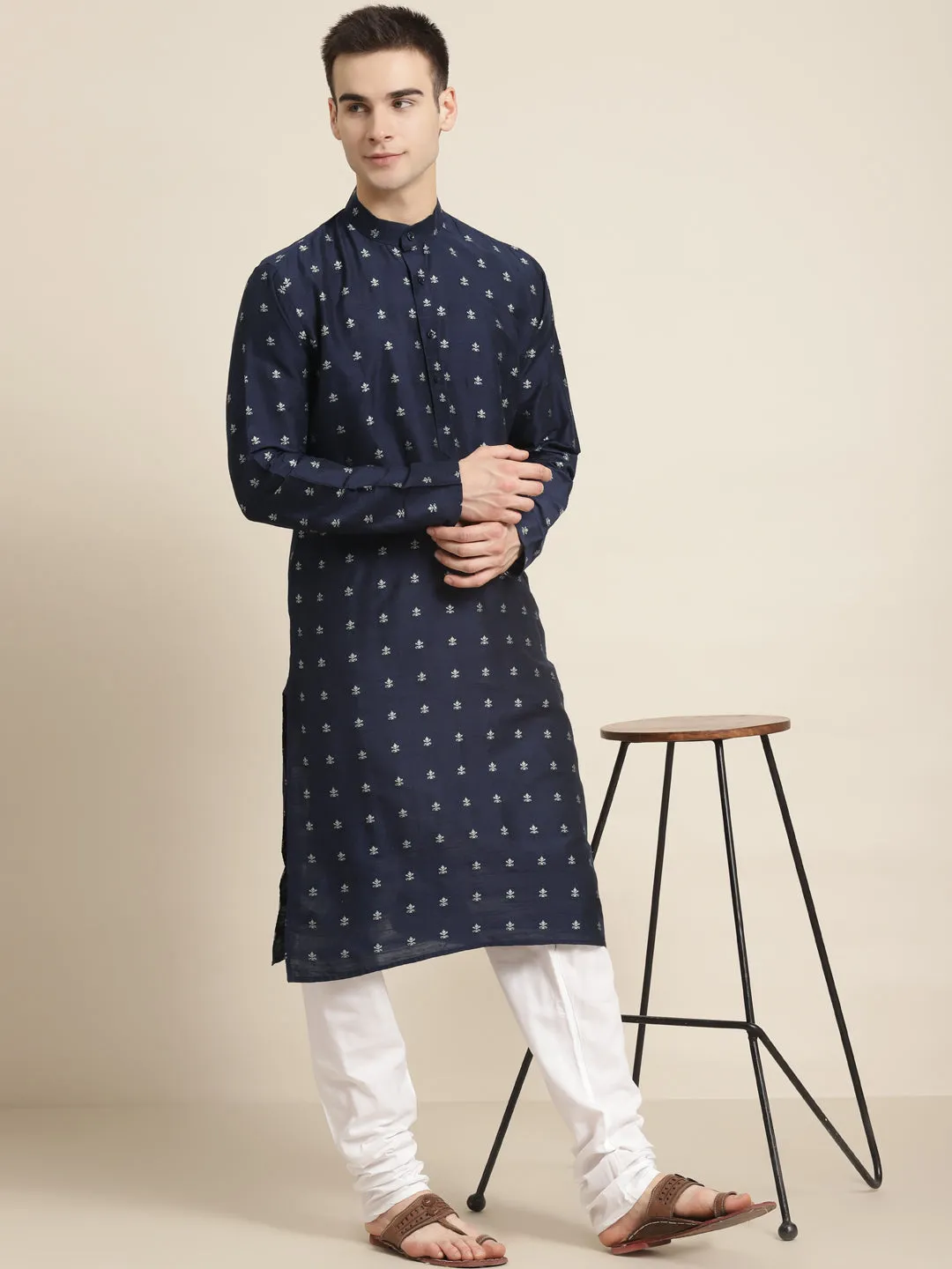 Men's Cotton Navy Blue Self design Kurta & White Churidar Pyjama Set - Sojanya