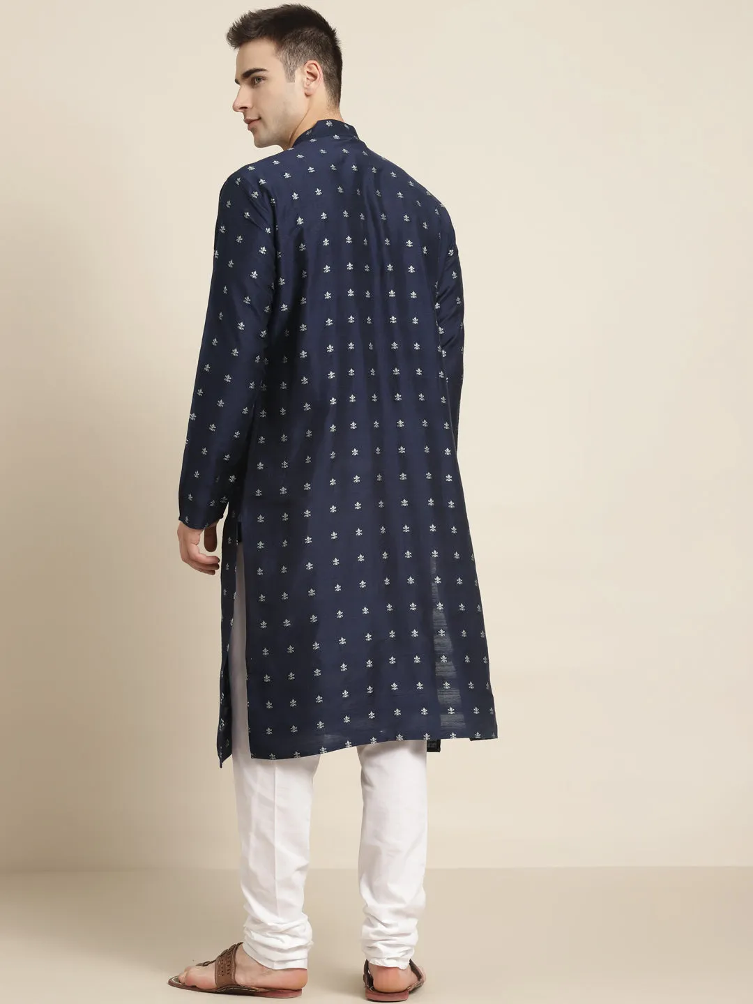 Men's Cotton Navy Blue Self design Kurta & White Churidar Pyjama Set - Sojanya