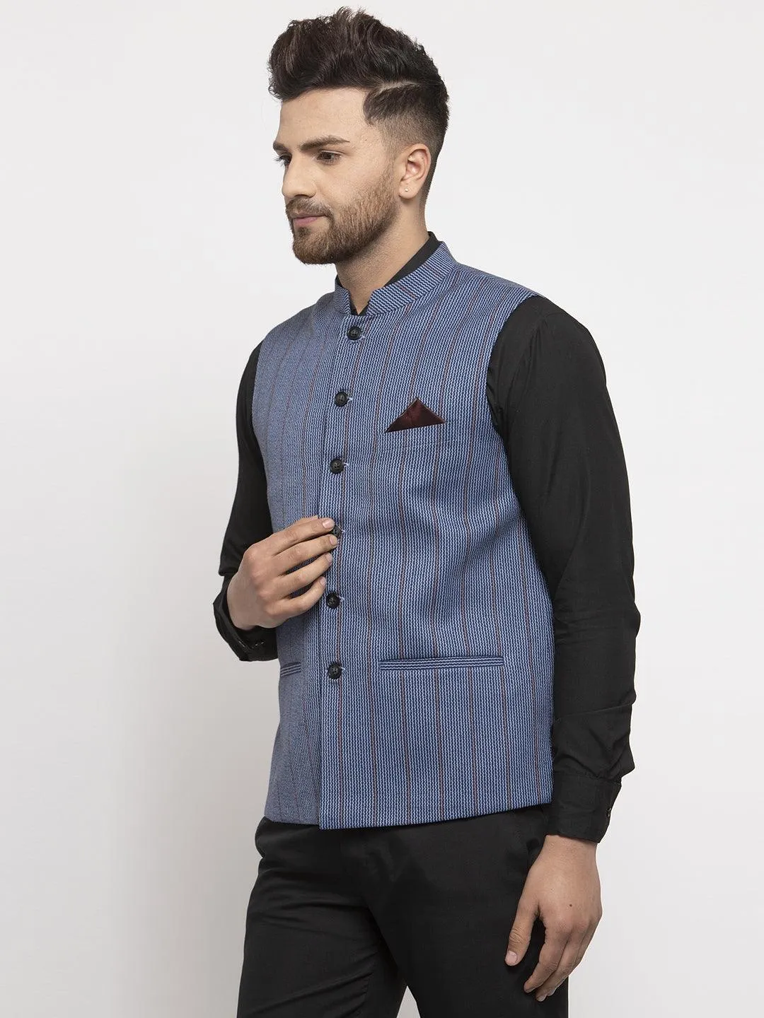 Men's Dhrohar Checkered Wool Nehru Jacket / Waistcoat - Navy Blue - Size - 38 - Neudis Men