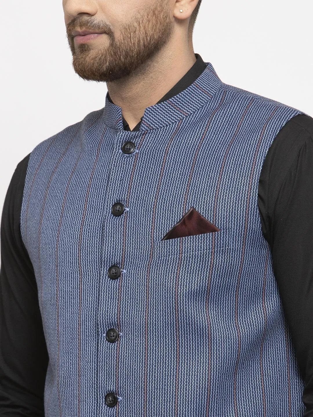 Men's Dhrohar Checkered Wool Nehru Jacket / Waistcoat - Navy Blue - Size - 38 - Neudis Men