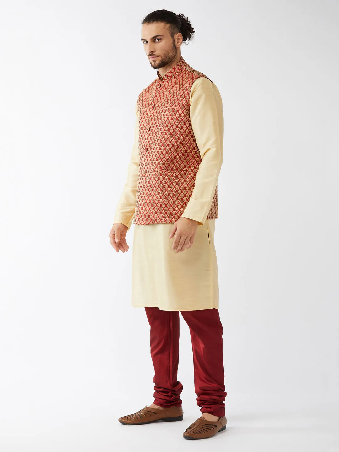 Men's Gold And Maroon Silk Blend Jacket, Kurta And Pyjama Set - Vastramay