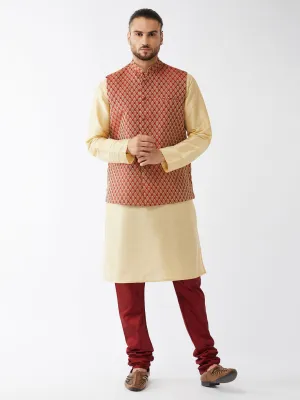 Men's Gold And Maroon Silk Blend Jacket, Kurta And Pyjama Set - Vastramay