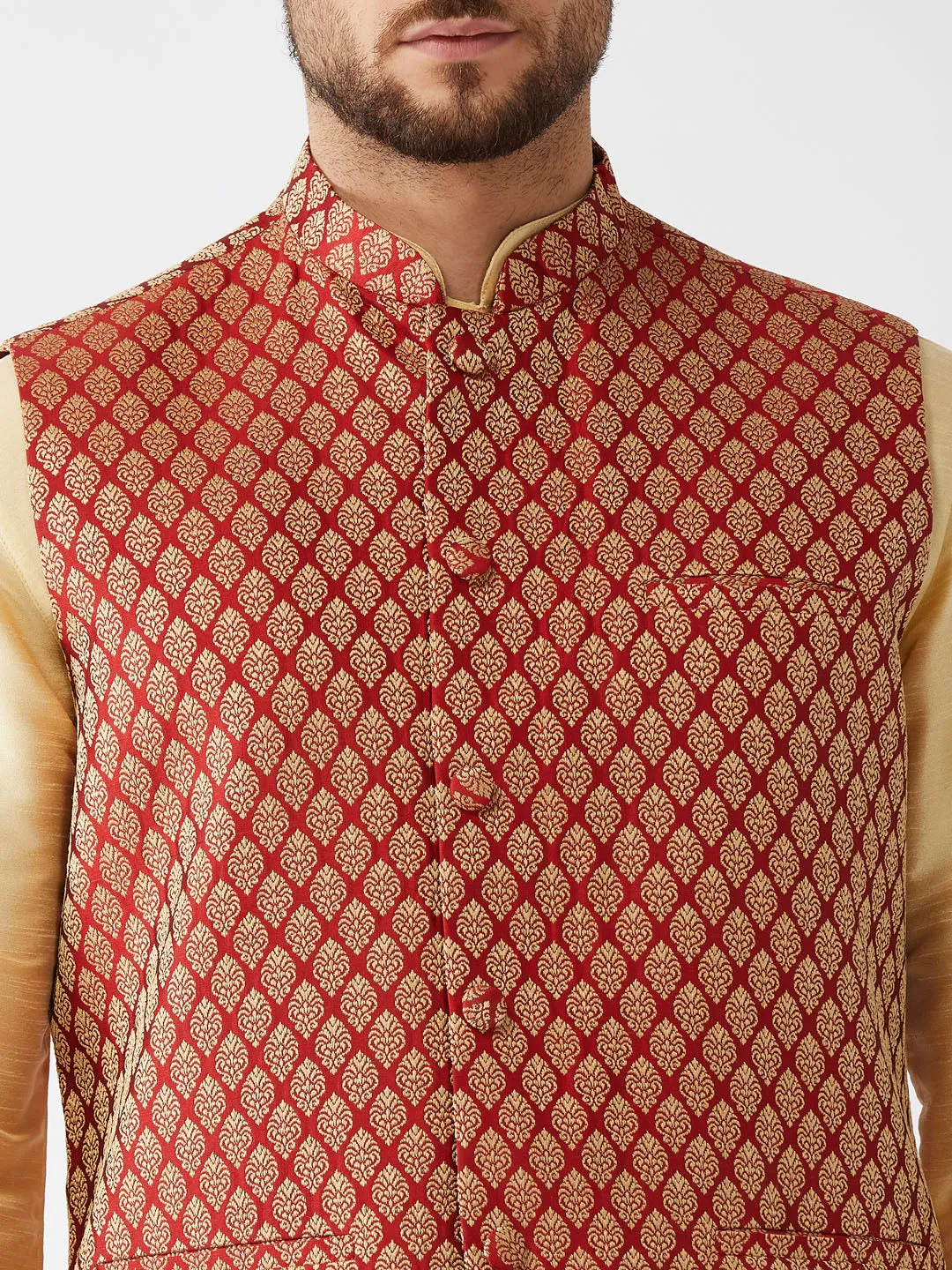 Men's Gold And Maroon Silk Blend Jacket, Kurta And Pyjama Set - Vastramay