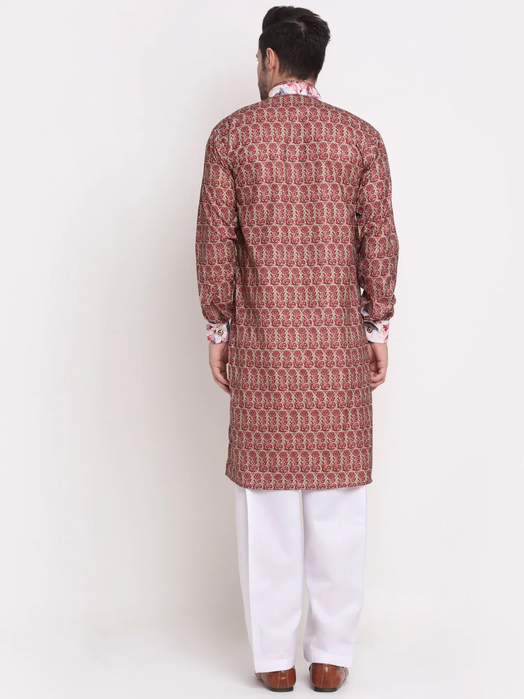 Men's Maroon & Beige Printed Kurta With White Pyjamas Set - Benstoke