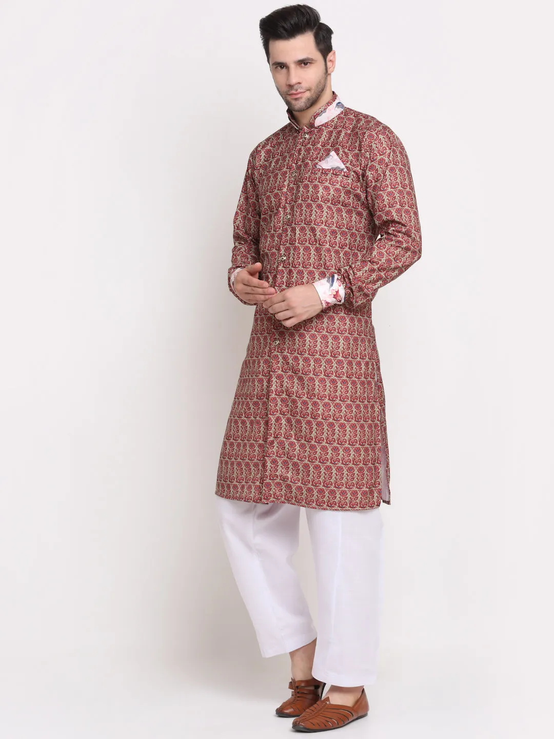 Men's Maroon & Beige Printed Kurta With White Pyjamas Set - Benstoke