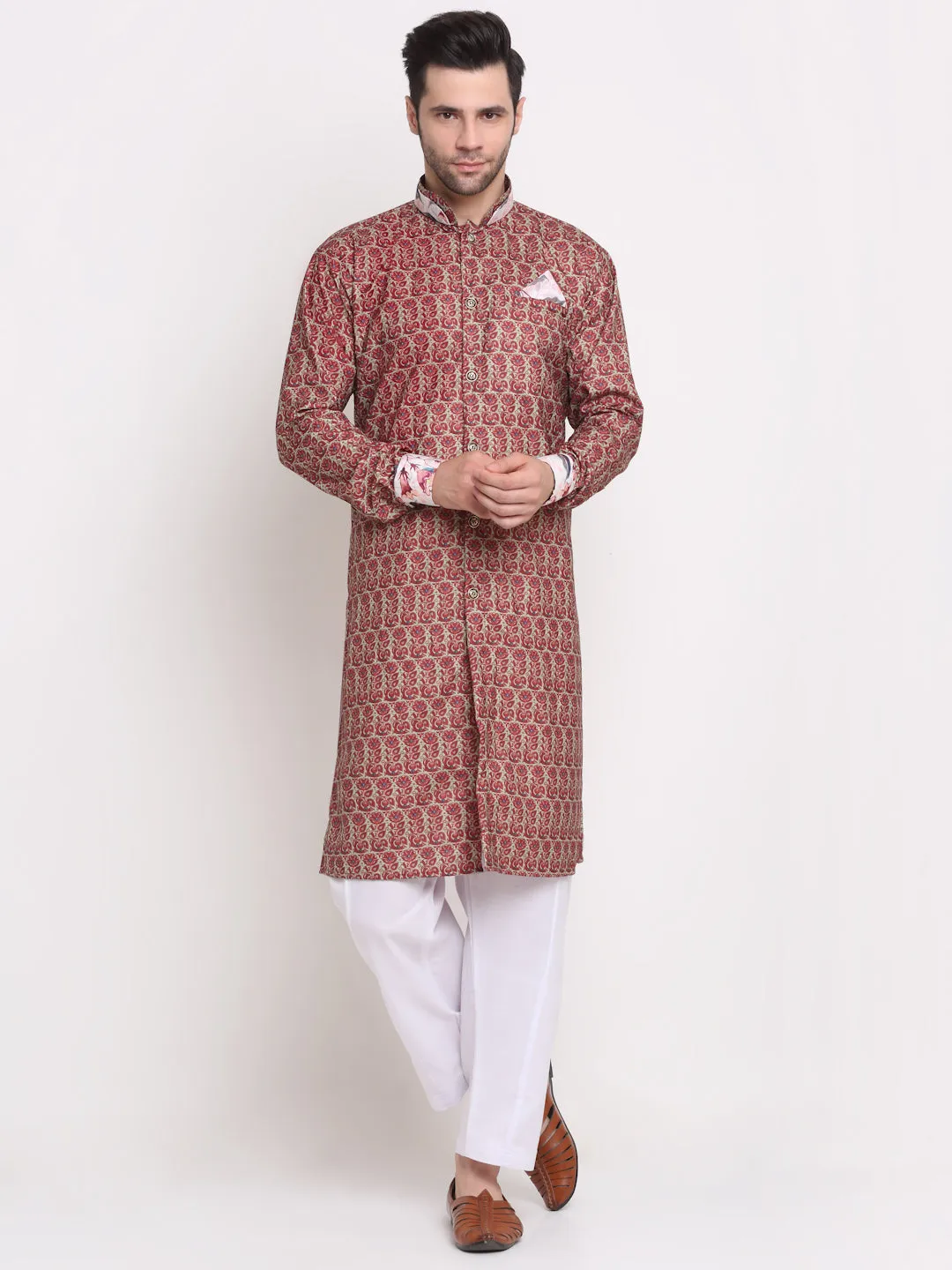 Men's Maroon & Beige Printed Kurta With White Pyjamas Set - Benstoke