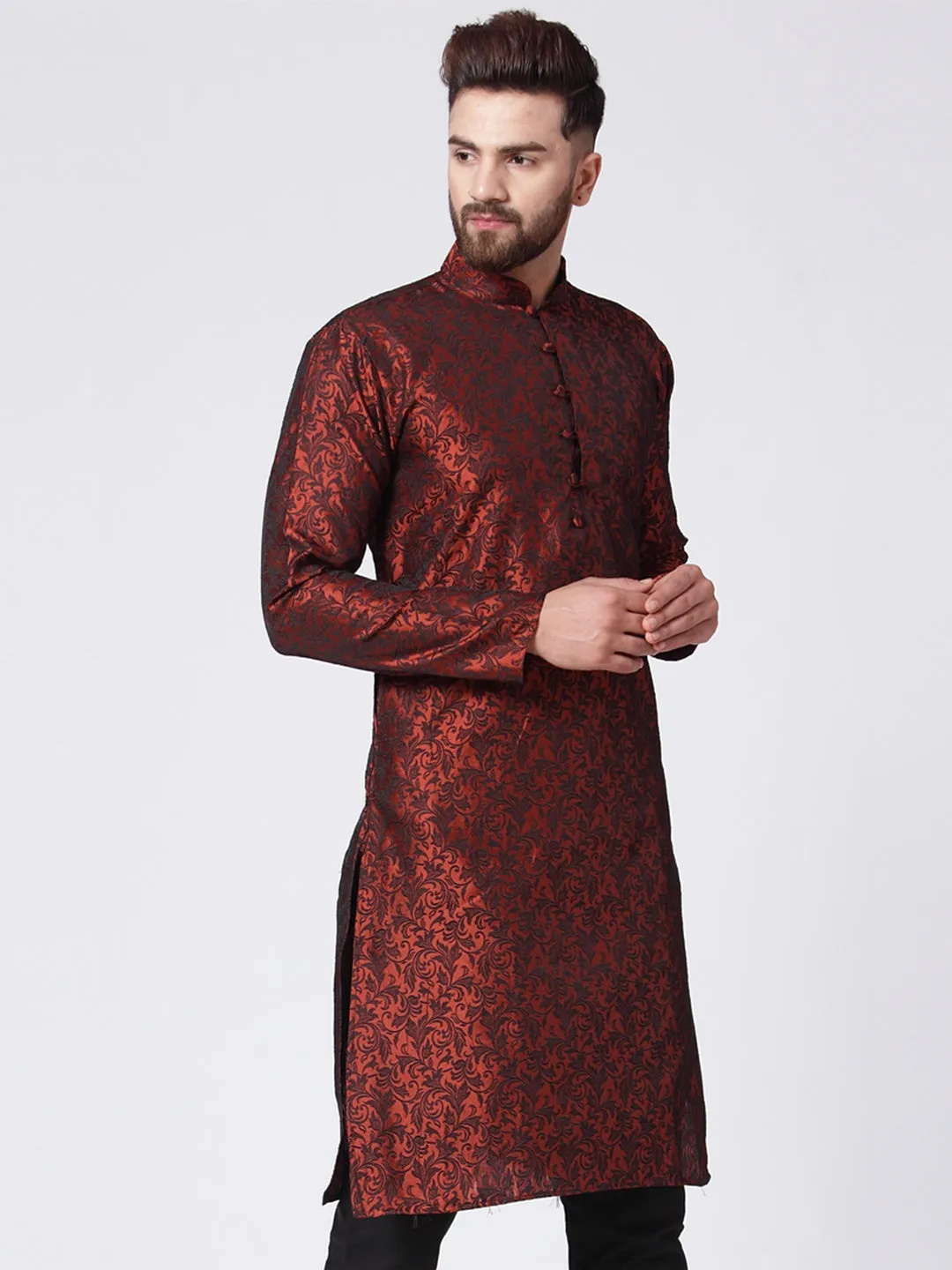 Men's Maroon & Black Self Design Kurta Only ( Ko 517 Maroon ) - Virat Fashions