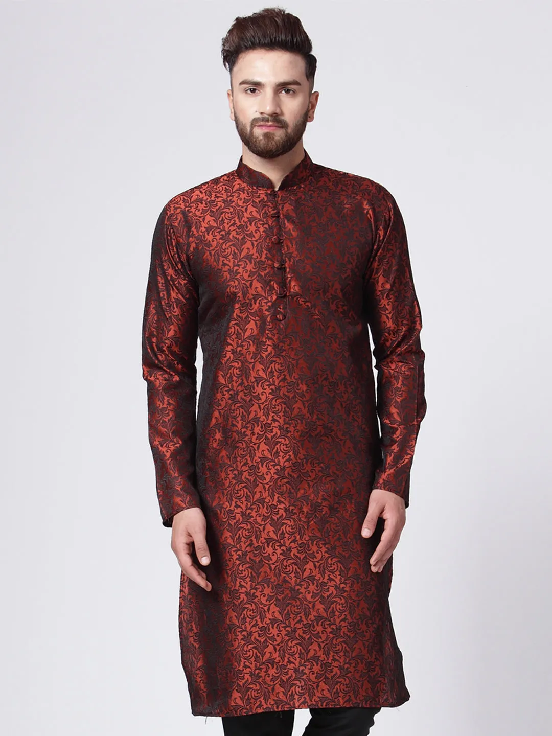 Men's Maroon & Black Self Design Kurta Only ( Ko 517 Maroon ) - Virat Fashions