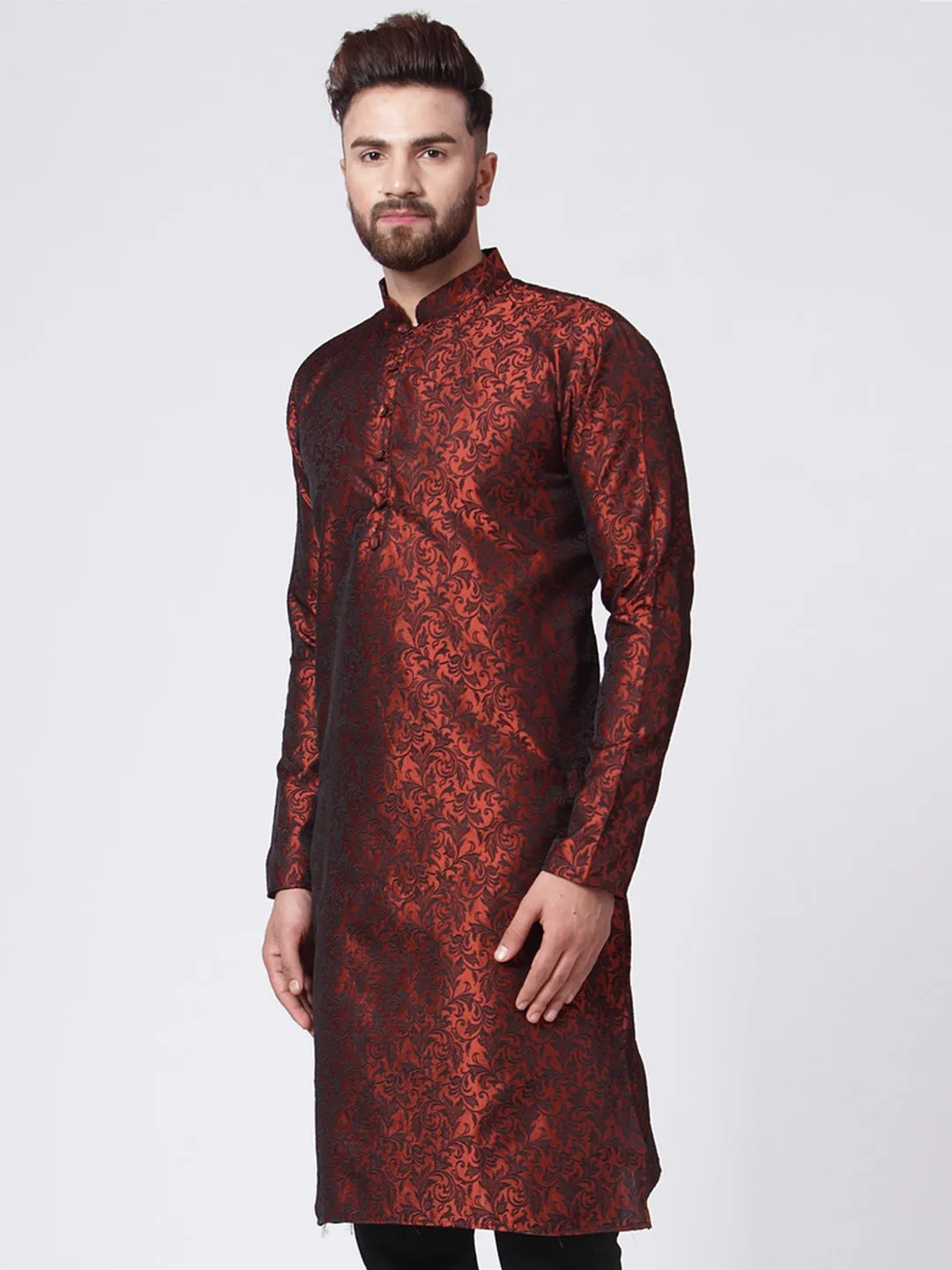 Men's Maroon & Black Self Design Kurta Only ( Ko 517 Maroon ) - Virat Fashions