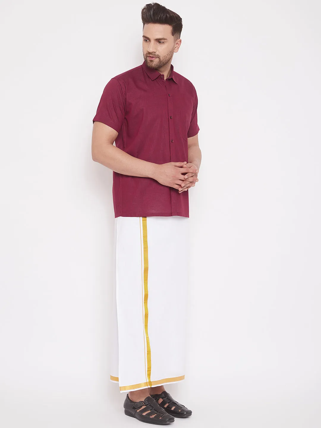 Men's Maroon And White Cotton Blend Shirt And Mundu - Vastramay