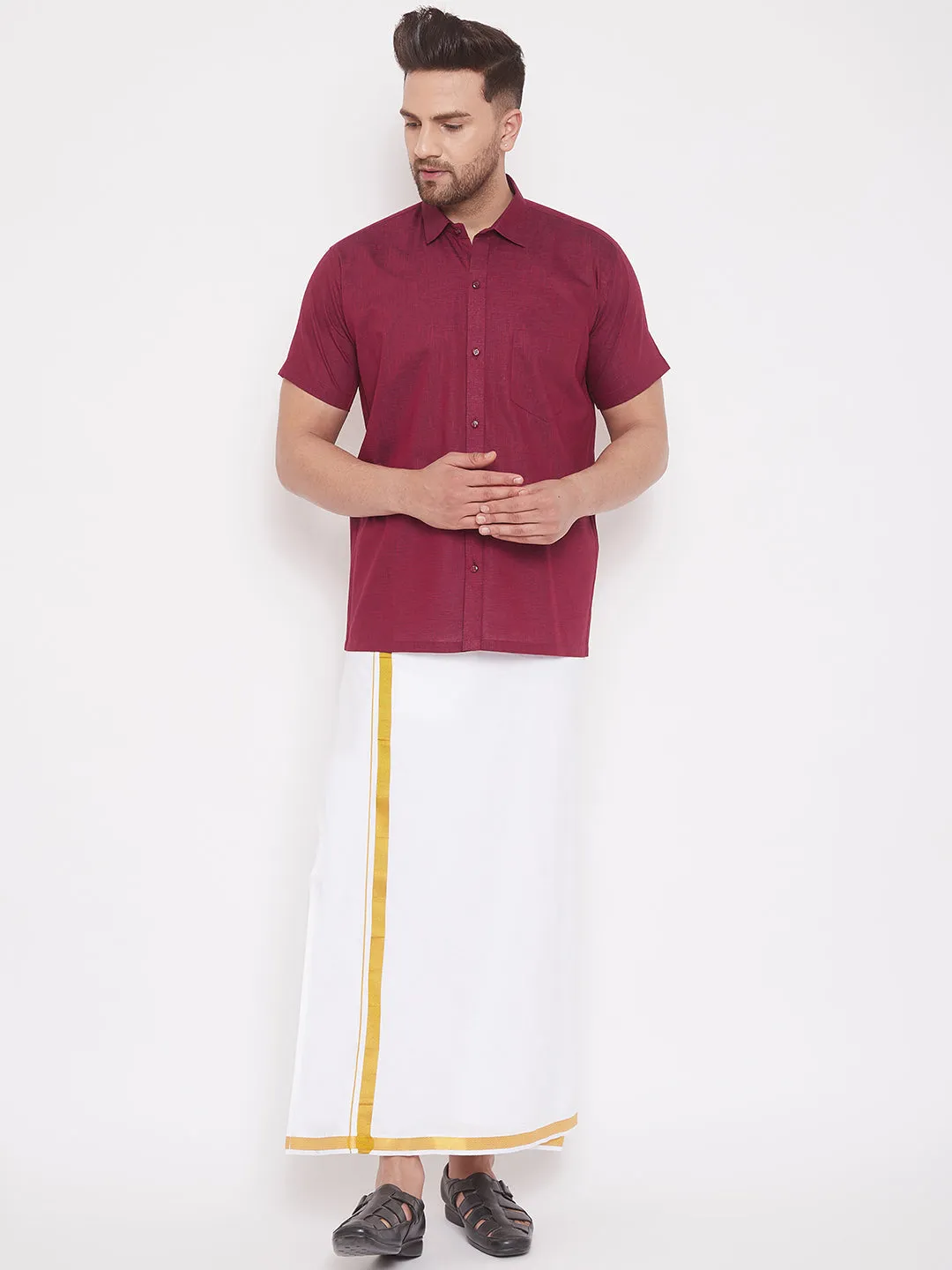 Men's Maroon And White Cotton Blend Shirt And Mundu - Vastramay