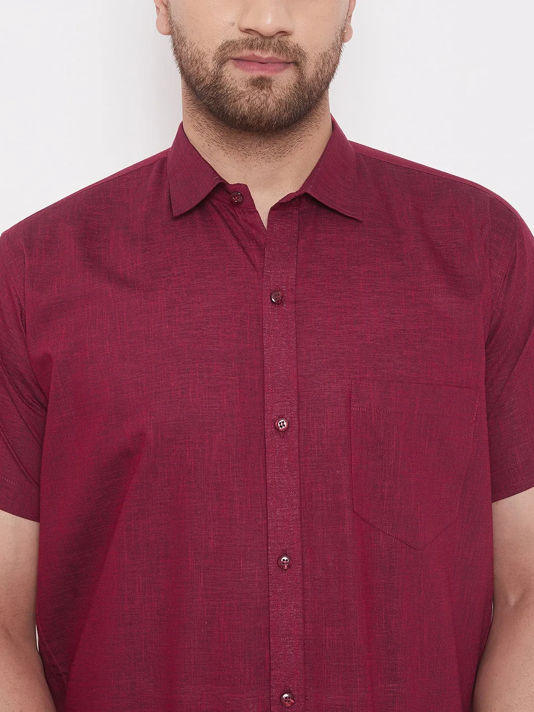 Men's Maroon And White Cotton Blend Shirt And Mundu - Vastramay