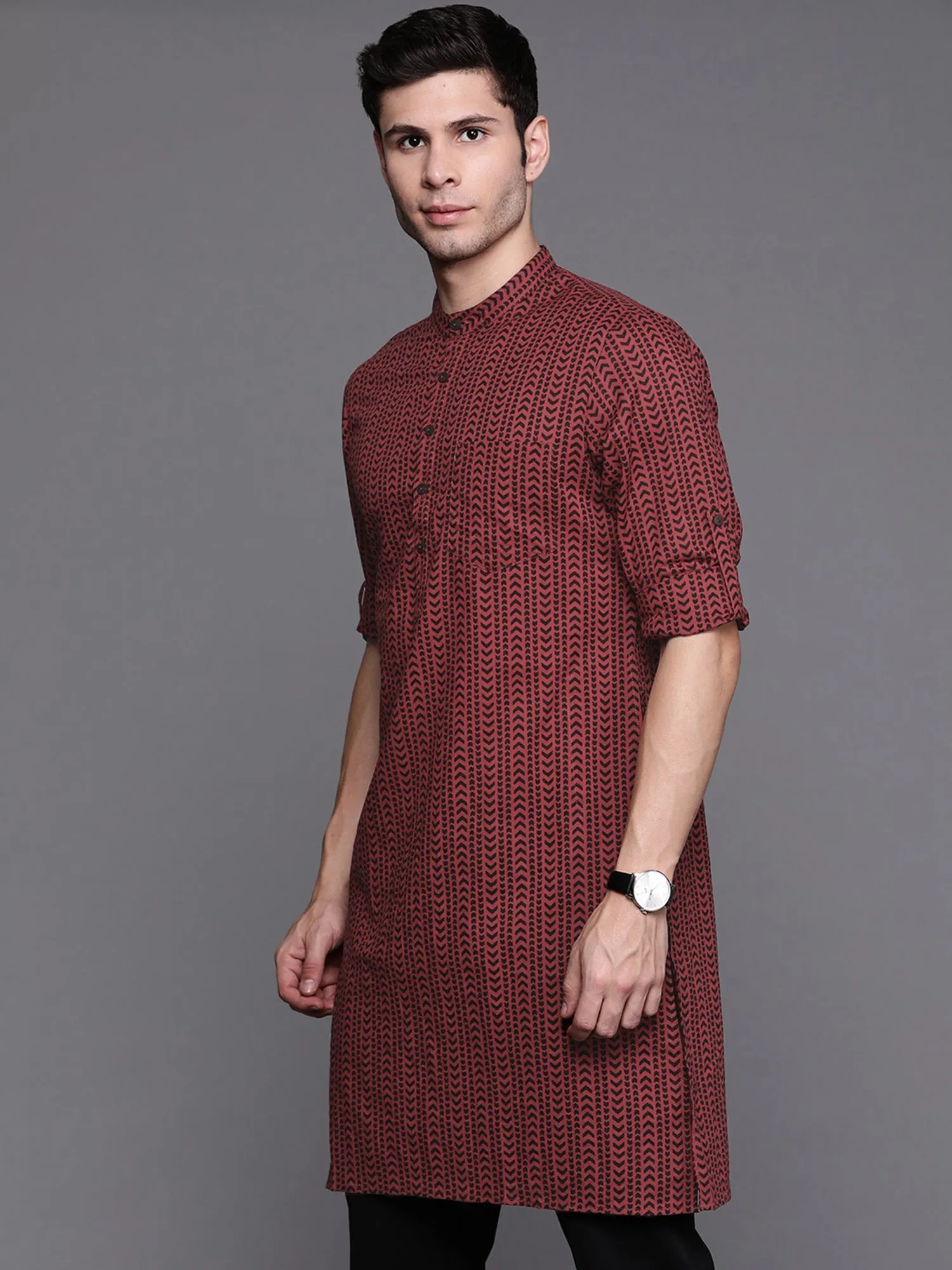 Men's Maroon Aztec Print Cotton Straight Kurtas - Indo Era