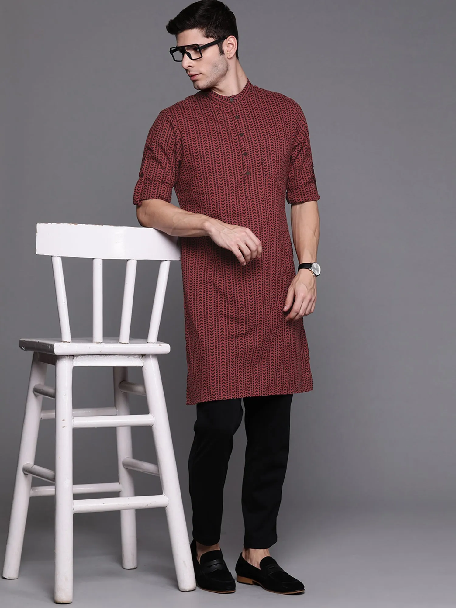 Men's Maroon Aztec Print Cotton Straight Kurtas - Indo Era