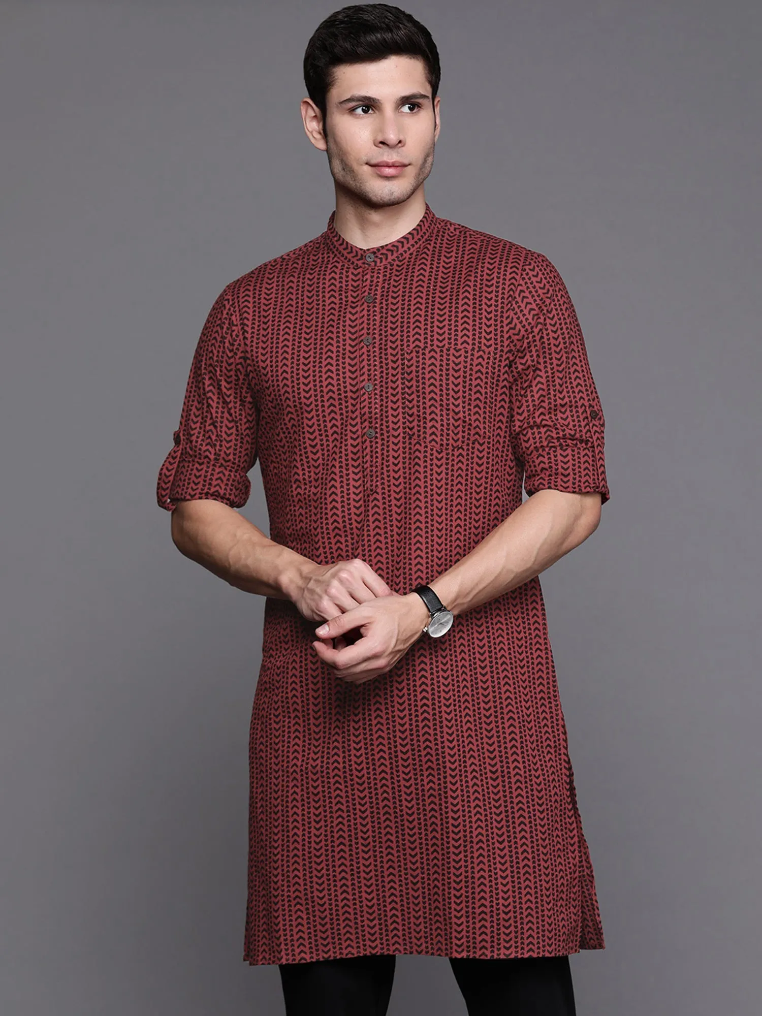 Men's Maroon Aztec Print Cotton Straight Kurtas - Indo Era