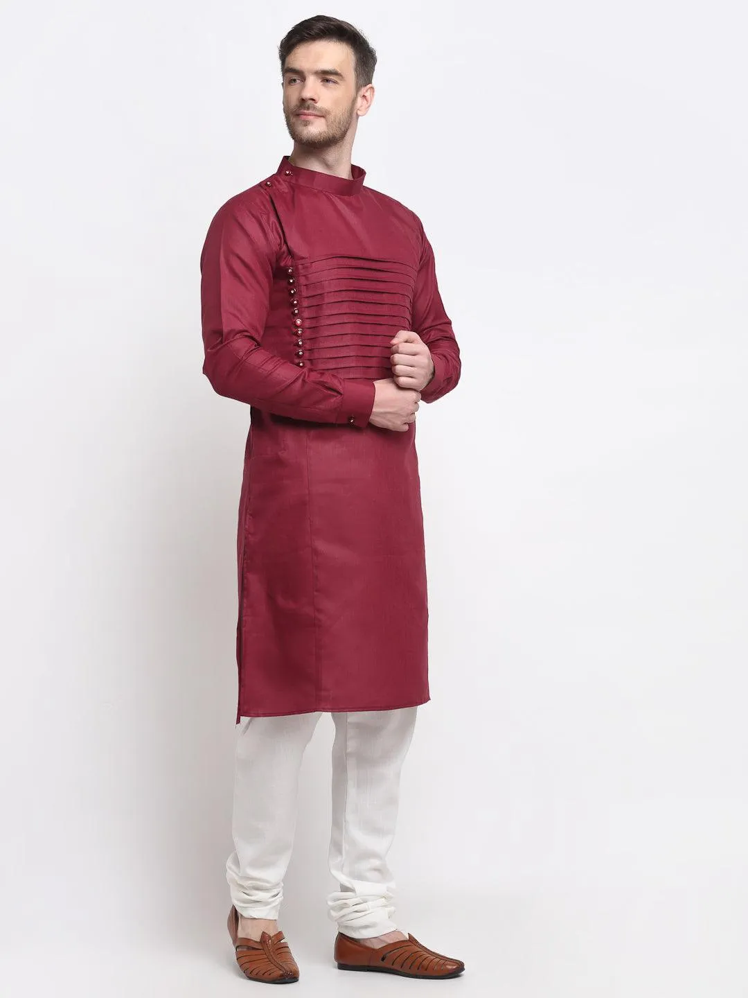 Men's Maroon Pintuck Design Kurta With White Churidaar Pyjama - Benstoke